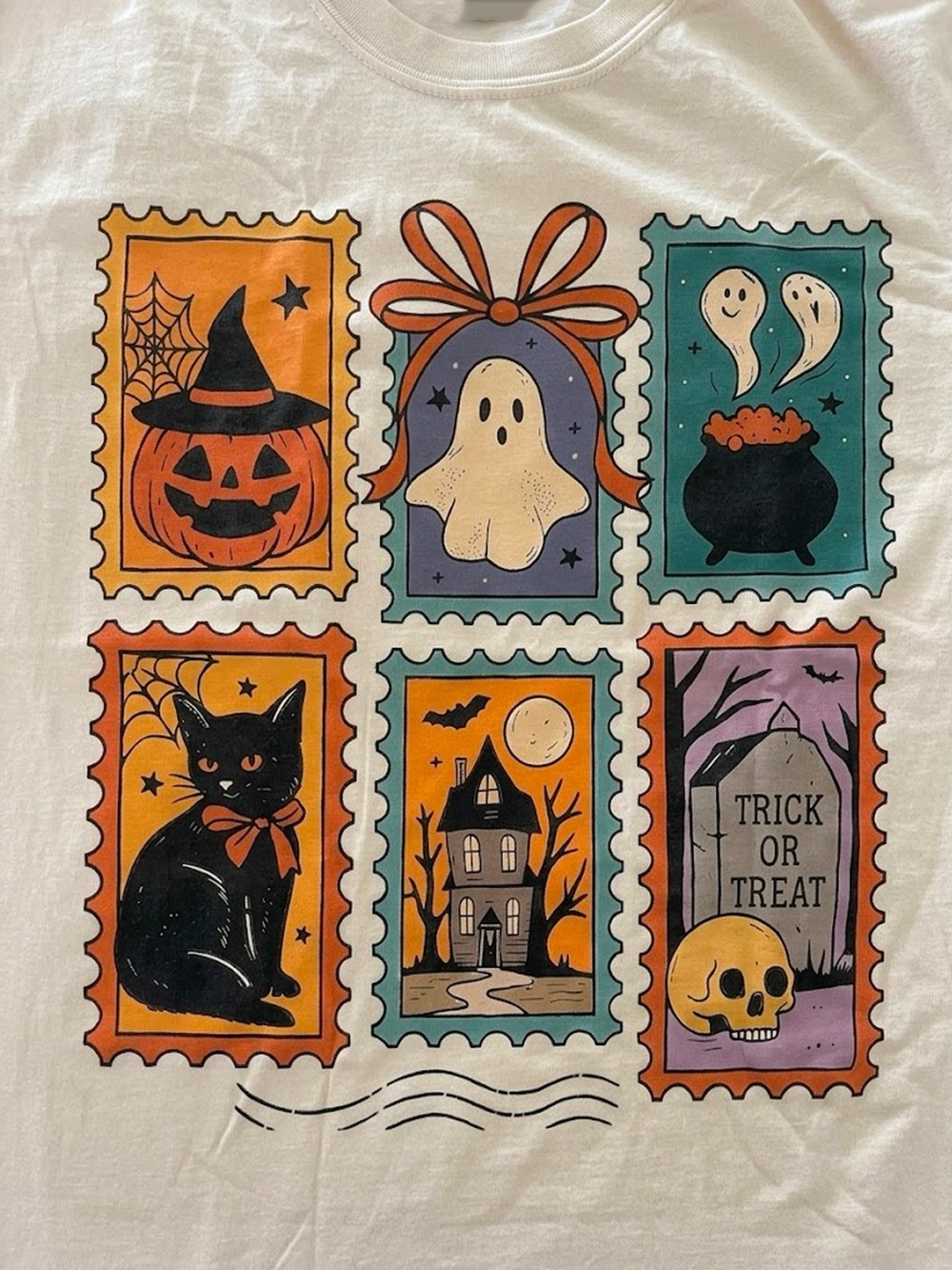 Halloween Postage Stamp Graphic White T-Shirt - Picture 2 of 3